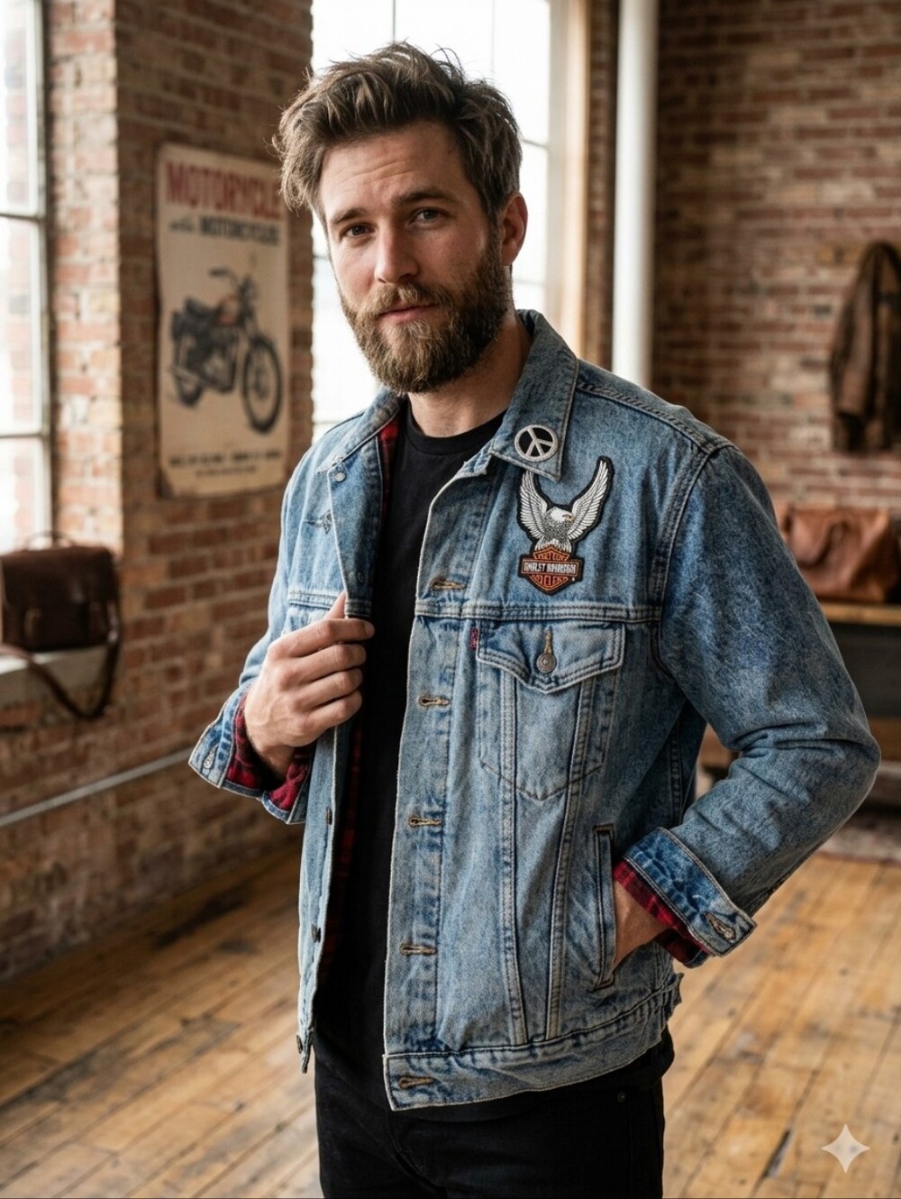 Vintage Levi's Flannel-Lined Denim Trucker Jacket With Harley Davidson Patch